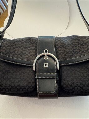 Black Coach Canvas Shoulder Bag with Silver Buckle